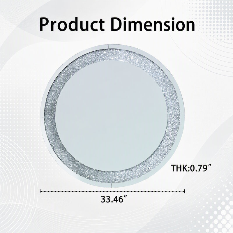Miroir rond argenté scintillant Crystal Crush Diamond de 33,46 pouces pour décoration murale