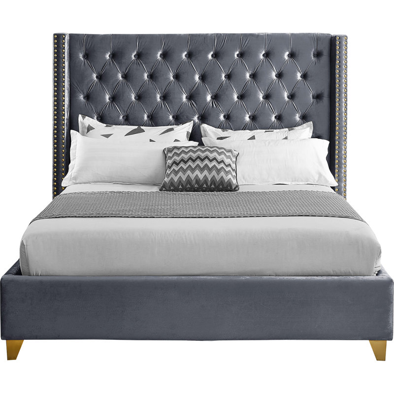 Joclynn Upholstered Wingback Bed, King, Grey Velvet, Gold
