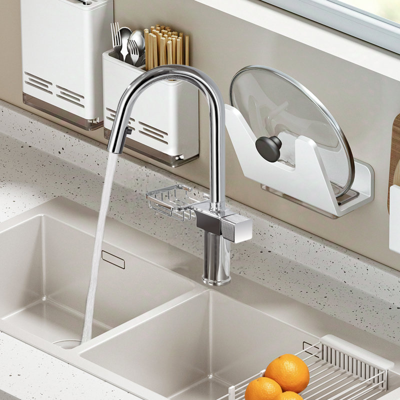 Single Hole High - Arc Pull Down Stainless Steel Kitchen Faucet In , Dual Function , 360 Swivel And Built Storage For Food Containers Finish Of Steel, Featuring Breakfast Nook