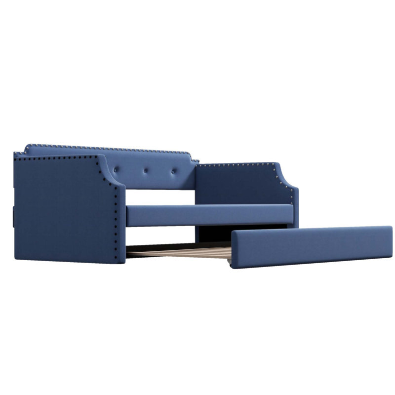 Élégant lit de jour rembourré avec couchette, support à lattes de bois et canapé-lit polyvalent pour une vie moderne, Bleu