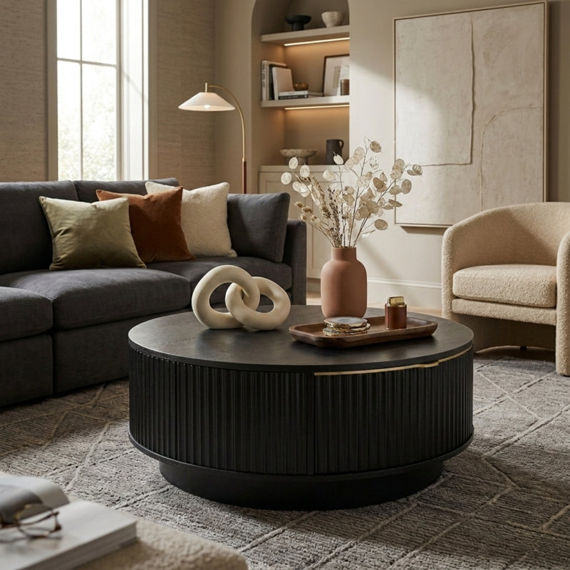 Table basse ronde avec rangement, table centrale cannelée, 2 tiroirs avec poignées dorées, maison de campagne moderne, salon