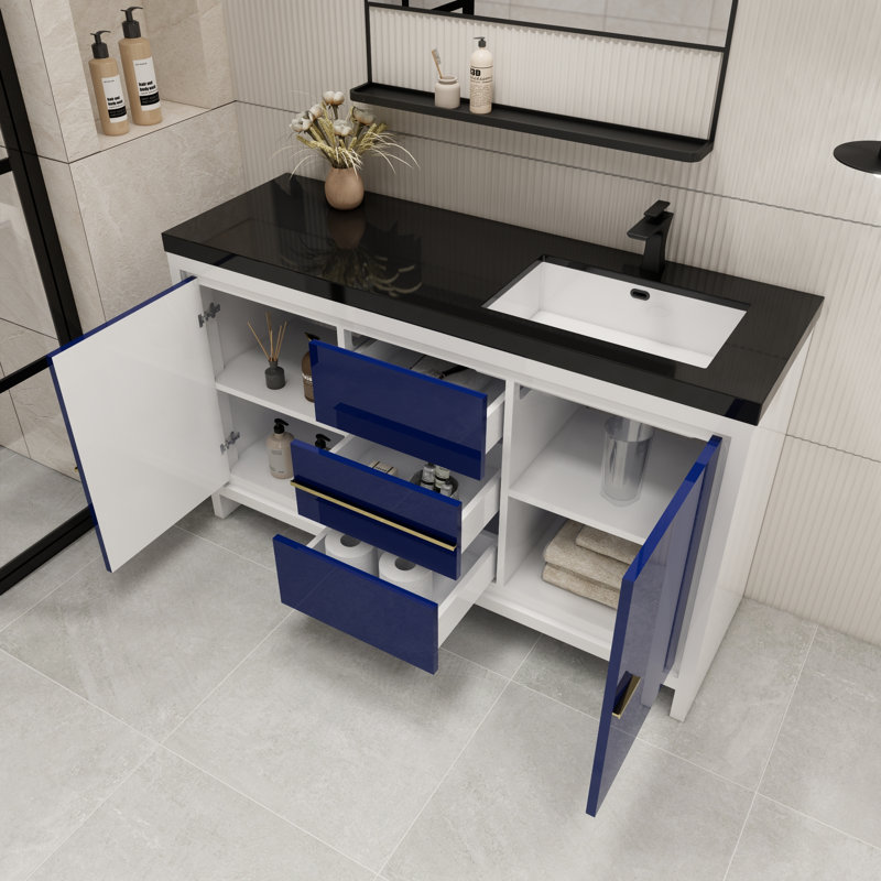 Ensemble de meuble-lavabo simple 60 po Enderlin, Bleu nuit ultrabrillant