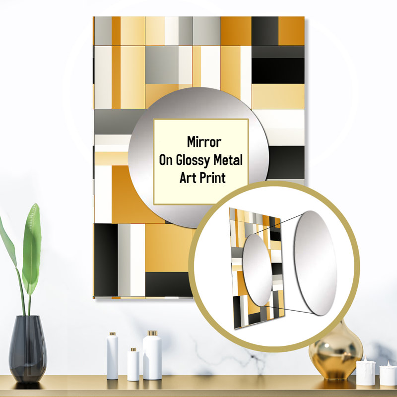 Pentworth Taupe Geometric Blocks Harmony - Geometric  Wall Mirror, Geometric Decorative Mirror, Printed Metal Art, 32" x 24"