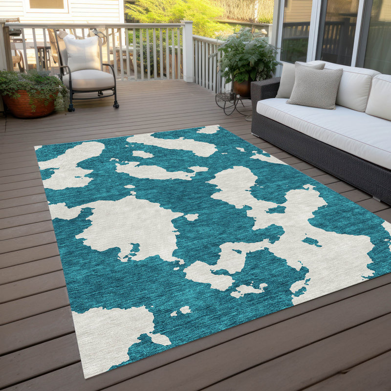 Teal Abstract Rectangular Washable Synthetic Indoor/Outdoor Rug 3' x 5'