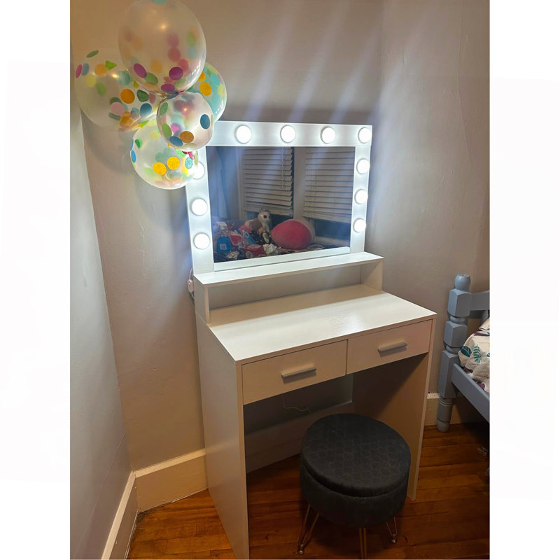 Bureau de coiffeuse avec miroir et lumières, coiffeuse avec grand tiroir, commode de rangement à 2 niveaux et 3 modes d'éclairage à luminosité réglable, convient à la chambre à coucher (blanc)