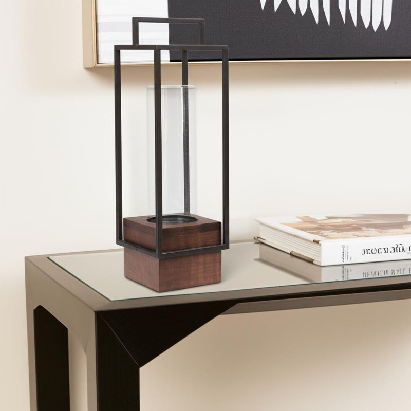 Porte-bougie de table 20 po noir et brun en métal et bois massif