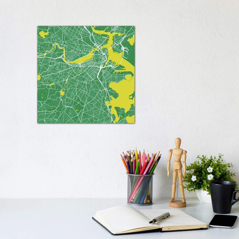 Boston Urban Roadway Map (Green) - Wrapped Canvas Print