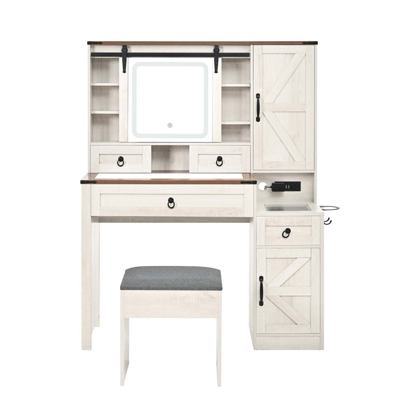 Farmhouse Vanity Desk With Sliding Mirror And Lights, Glass Top, Charging Station, 4 Drawers, 2 Cabinets, And Stool For Bedroom