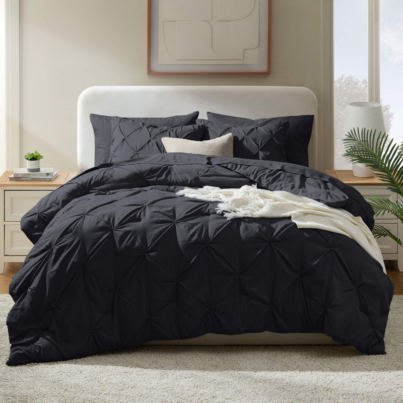 Bed-in-A-Bag Pleated Comforter Set with Bed Sheets, Full / Double Comforter + 6 Additional Pieces, Black