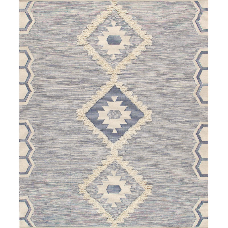 Tapis ivoire / bleu en laine noué à la main Santa Fe, Rectangle 9' x 12'