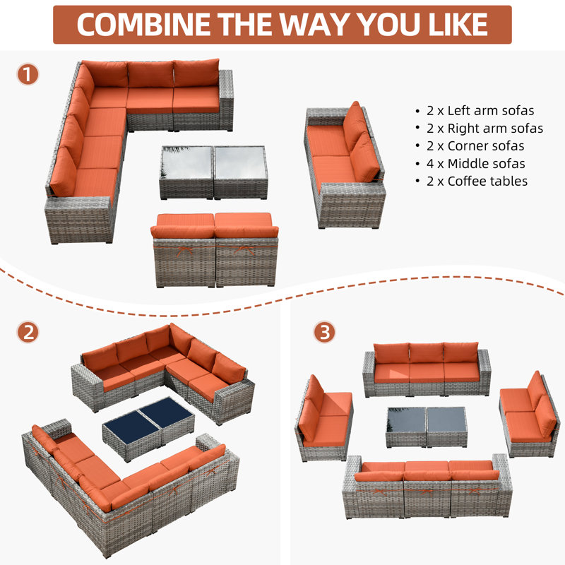 Baili 9 - Person Modular Patio Conversation Sets with Cushions, Orange Red