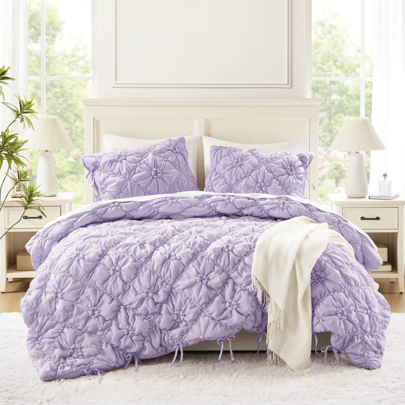 Purple 3Pcs Full Textured Floral Comforter , Soft Brushed Microfiber, Puffy Design With Tie Accents, - For Your Comfort In Purple, All Season And Easy To Clean