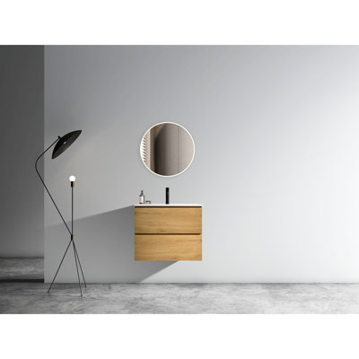 Unité de salle de bain murale en chêne naturel - lavabo en céramique, espace de rangement abondant, intérieur spacieux de l'armoire à fermeture silencieuse