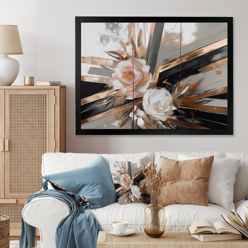 «Rose Gold Linear Floral Elegance III», reproduction d'art sur toile encadrée florale, Cadre simple noir
