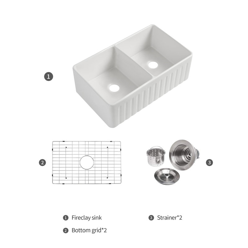 Fireclay 33" L X 18" W Double Basin Farmhouse Kitchen Sink With Grid And Strainer