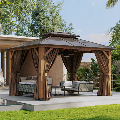 12' × 10'  Cedar Wood Hardtop Gazebo with Double-Tier Polycarbonate Roof, Privacy Curtains and Mosquito Netting