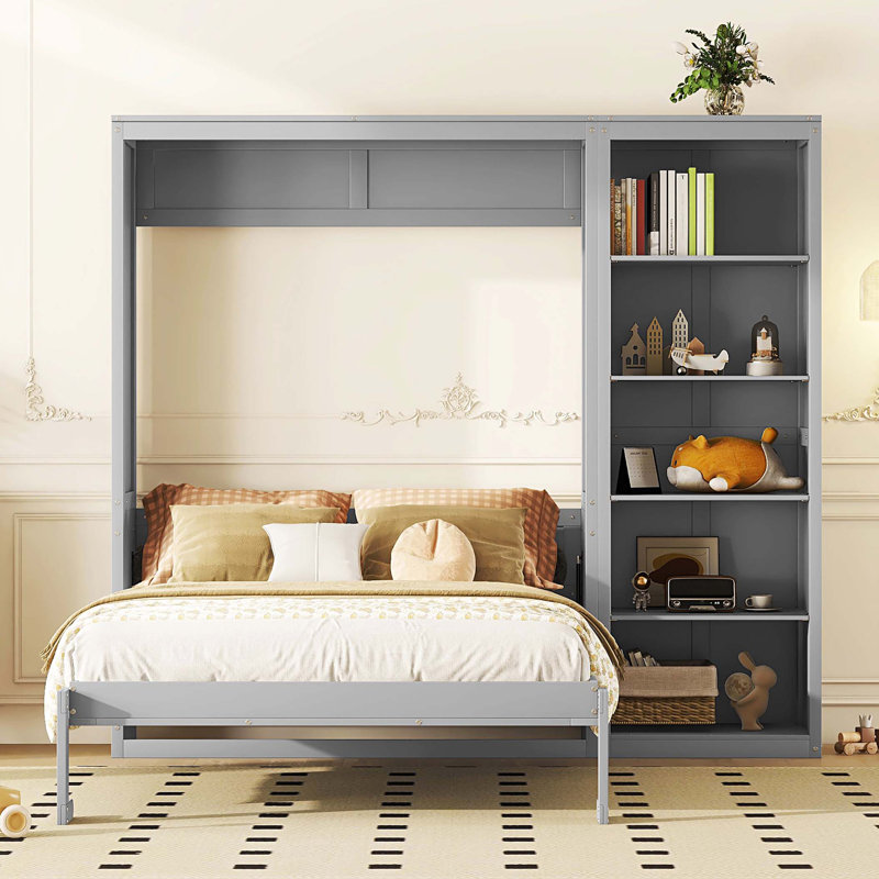 Murphy Bed Wall Bed with Shelves, Gray, Queen