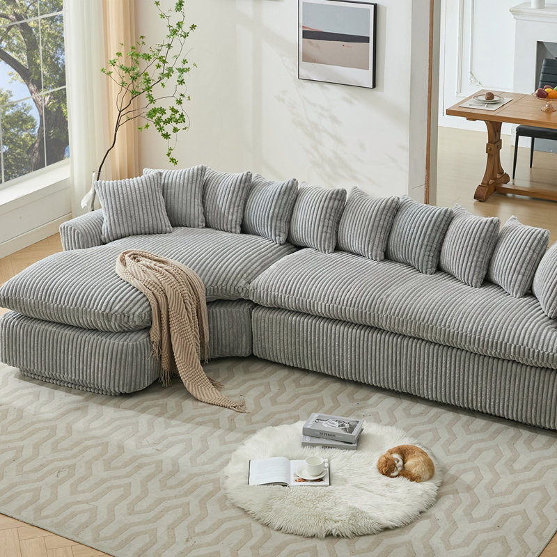 Grand canapé modulaire 127 po, Velours côtelé gris