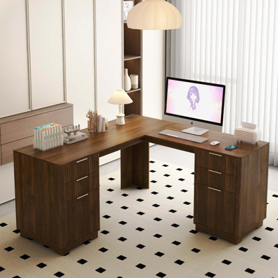 Simple Storage Style L-Shaped Corner Study Desk, Multi-Layer Shelf Computer Gaming Office Workstation
