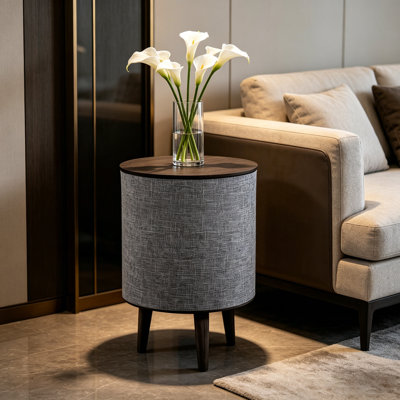 Smart End Table With Bluetooth Speaker & Wireless Charger, Black Wood & Linen, Built-In Battery