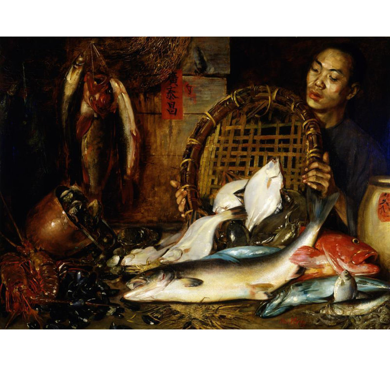 «The Chinese Fishmonger» par Theodore Wores - Art mural sur toile tendue avec châssis, H 48 po x l 33 po