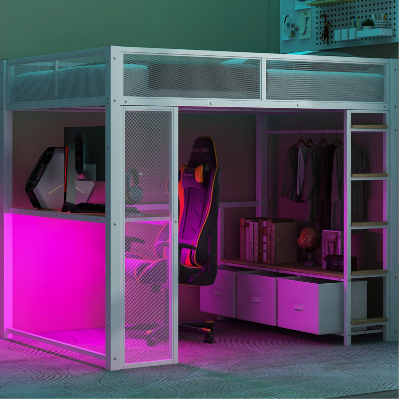 Lit mezzanine en métal avec DEL, bureau, 3 tiroirs et garde-robe ouverte, pleine grandeur, solution de jeu à DEL blanche et compacte, bureau élégant