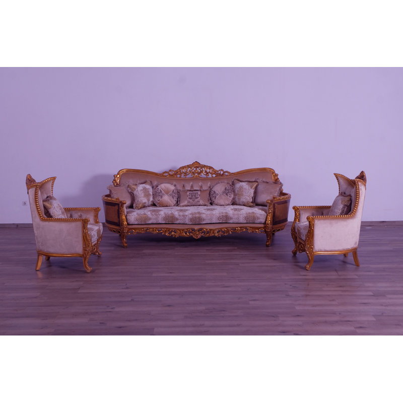 3 Piece Modigliani Sofa Red Gold Fabric, Gold/Beige/Light Brown