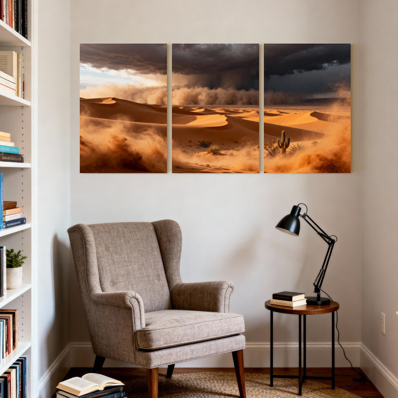 Scénario et paysages urbains, tempête de sable, dunes, cactus, ciel, nuages, coucher de soleil, ensemble de 3 impressions sur toile