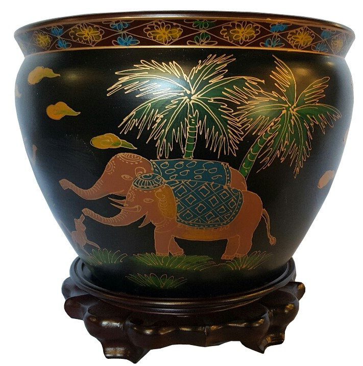  Jardinière en laque de Chine noire à motif d'éléphants indiens l 14 po