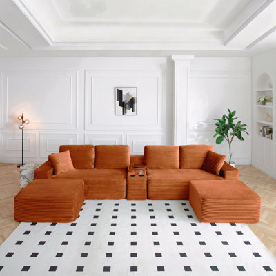 Canapé modulaire surdimensionné de 150 po, canapé Cloud avec siège profond, canapé en L avec porte-gobelets et ports USB, canapé rembourré en velours côtelé pour le salon, orange