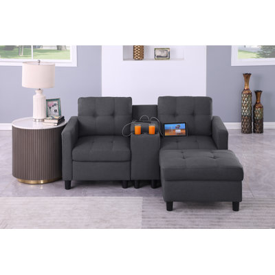 66.8" Upholstered Loveseat Sofa With Ottoman And Storage&Cup Holder& Usb Ports Stand Console