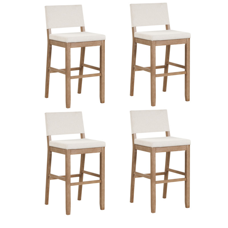 Linus Natural Flax Upholstered Bar Stools with Rubberwood Legs, Set of 4