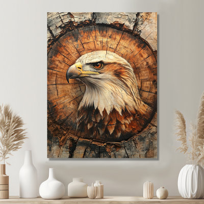 Tête d'aigle sur une glissoire en bois III - reproduction d'art moderne en métal, art mural aigle en métal