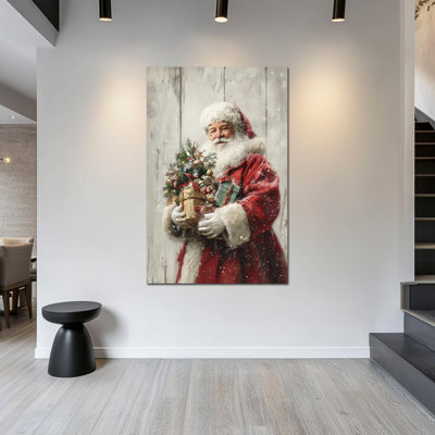 Art mural de Noël encadré - décoration murale de père Noël, impressions de Noël rétro, œuvre d'art festive pour le mur du salon et de la chambre à coucher, peinture de Noël enveloppée, cadre en pin, 24 po x 32 po