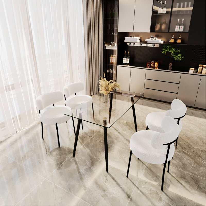 Ensemble de table de salle à manger moderne en verre de haute qualité avec pieds en métal et 4 chaises en velours