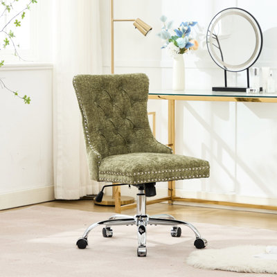 Fauteuil de bureau pivotant et réglable, revêtement en chenille moderne capitonné, piètement en métal, assise large, finitions cloutées décoratives faites à la main, coussin en mousse à haute résilience