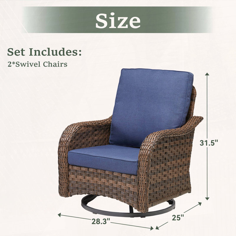 Ensemble de 2 chaises berçantes pivotantes en osier avec coussins lavables à la machine, Bleu