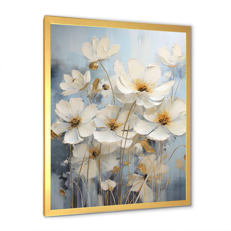 Minimalisme beige et renoncules bleus sur fond bleu I sur toile, H 40 po x l 30 po x P 1,5 po, Cadre doré simple
