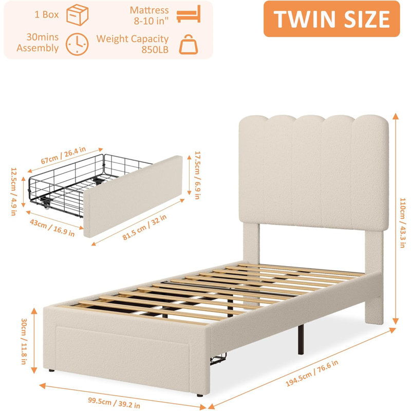 Structure de lit simple avec tiroir sous le lit, lit plateforme tapissier avec tête de lit Wave, Beige