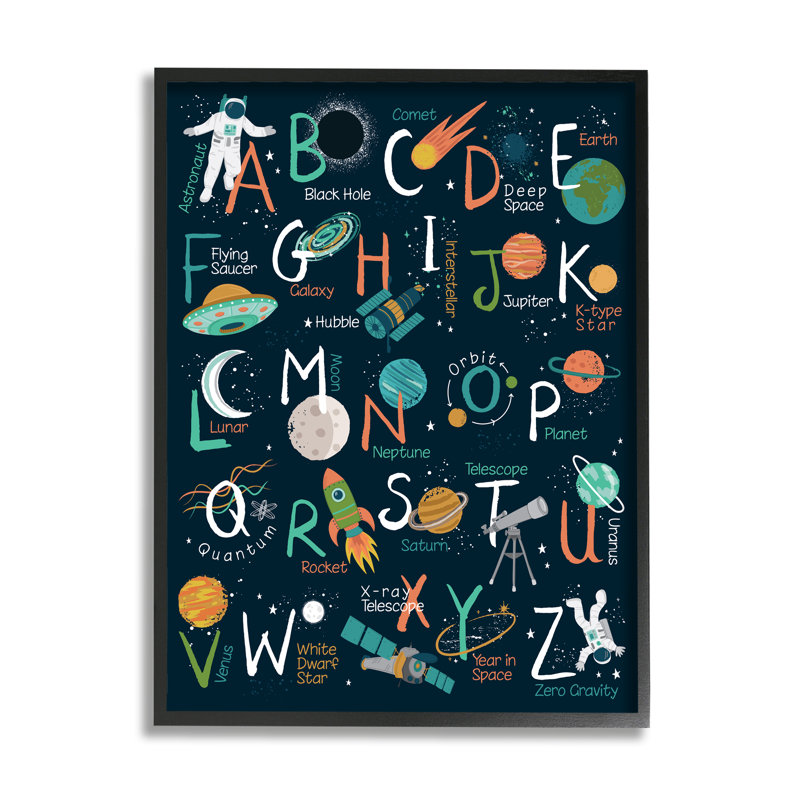 Starry Space Alphabet Fantasy Constellations UFO ABC's - Art textuel, Giclée encadrée noir minuit, H 14 po x l 11 po x P 3 po