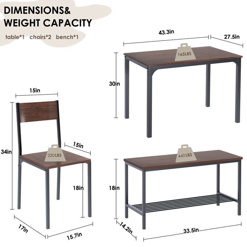 Ensemble de table de salle à manger 4 personnes Pickell, 2 chaises avec dossier, banc pour 2 personnes avec support de rangement