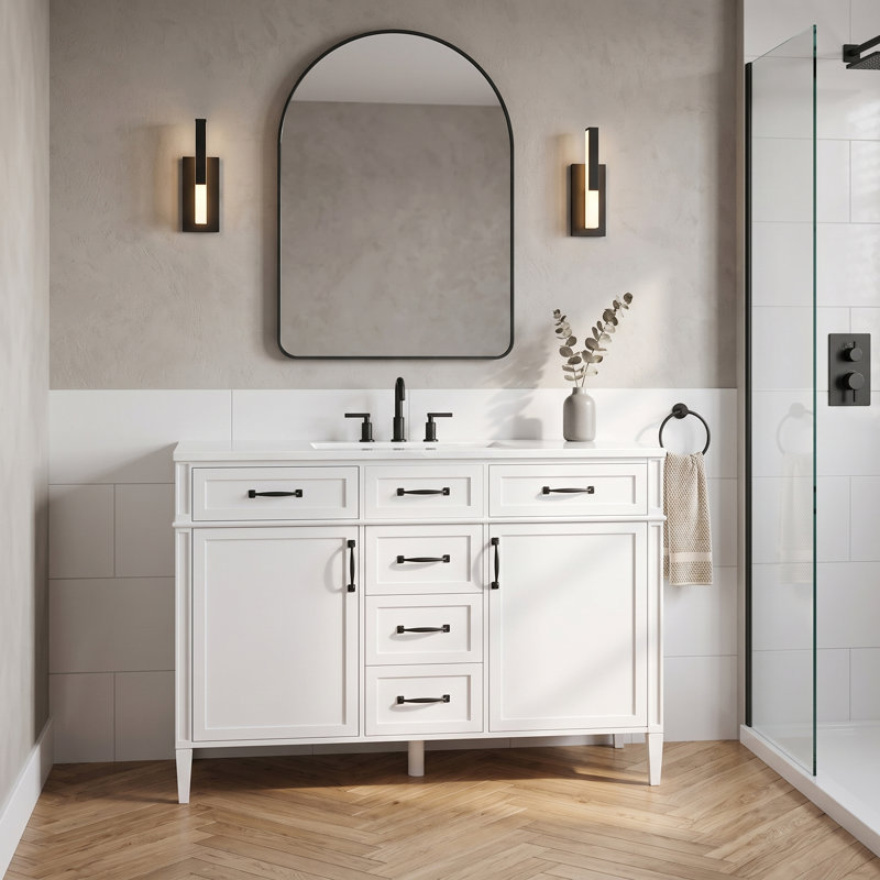 Meuble-lavabo autoportant en MDF de 122 cm (48 po), style moderne avec rangement, lavabo central intégré, comptoir et lavabo en composite SMC, quincaillerie noire, étagères réglables et portes à fermeture amortie.