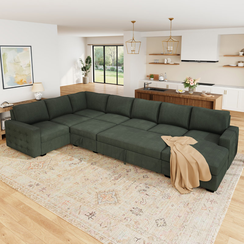 Rundey U-Shaped Oversized Sectional Corduroy Sleeper Sofa With Ottoman, Green Corduroy