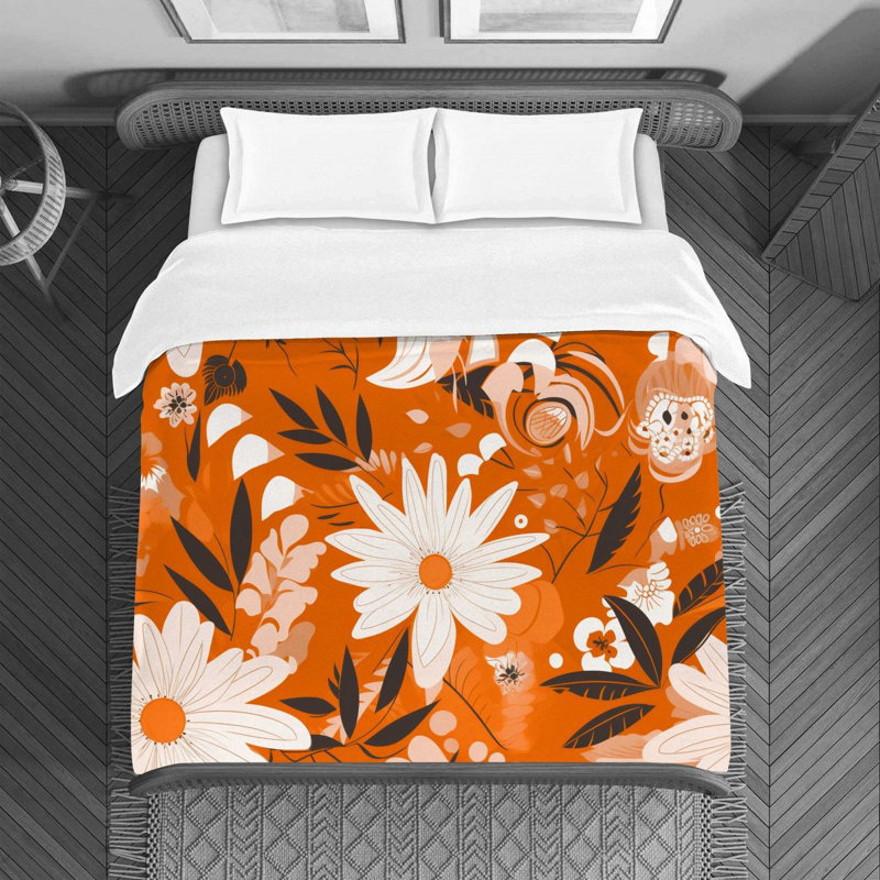 Machine Printed Duvet Cover, Twin Duvet Cover, Orange/White
