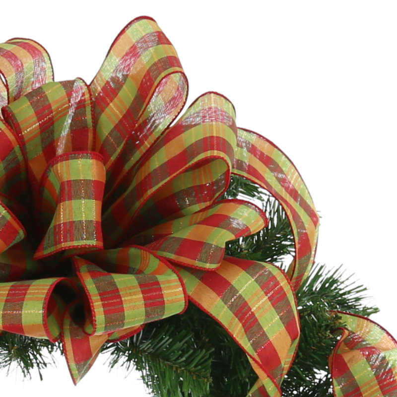 Couronne à feuilles persistantes avec ruban écossais rouge et vert