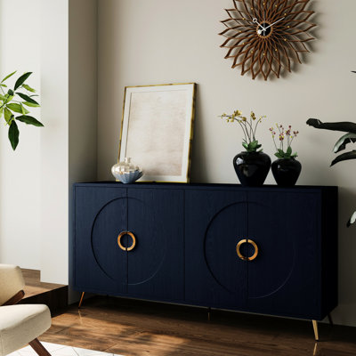 4 Door Sideboard Cabinet With Matte Finish For Office And Living Room Navy Blue Storage Solid Wood Veneer Entryway