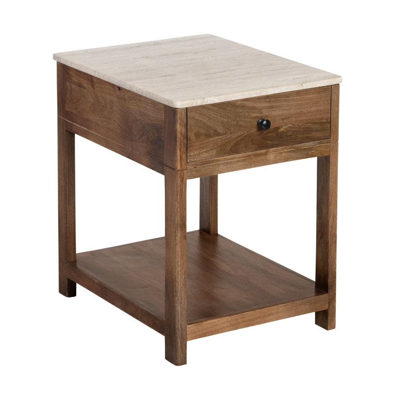 Solid Mango And Travertine 1 Drawer Accent_End Table