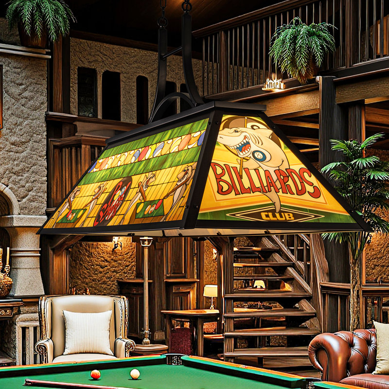 3-light Rustic Billiards Light Fixtures With Tiffany-style Shark Shade For Game Room Farmhouse Chandelier