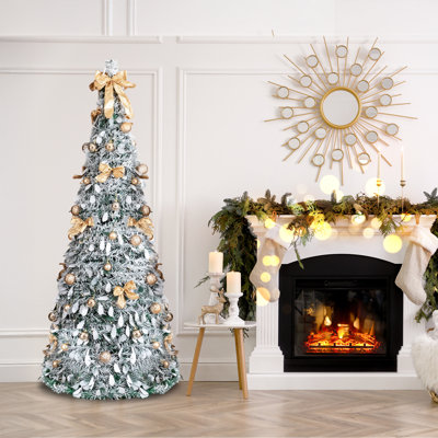 Arbre de Noël éclairé enneigé 6 pi, PVC vert, 100 lumières DEL blanc chaud, 8 modes, ornements dorés