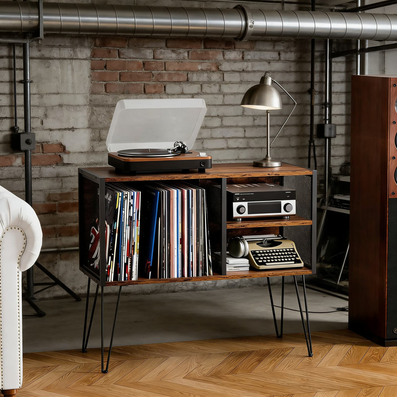Record Player Stand With Vinyl Storage For Up To 230 Albums, Solid Wood And Metal Turntable Cabinet With Mid-Century Design, Organizer Shelf For Living Room Or Bedroom